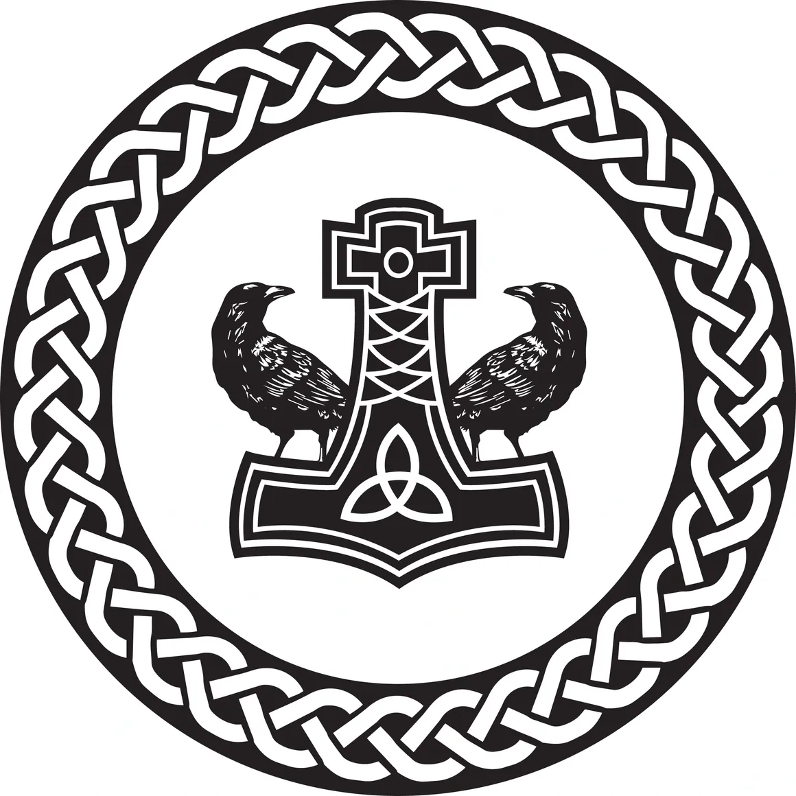 A black and white picture of a cross, celtic knot, and birds.