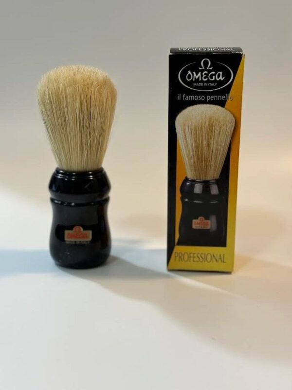 Omega shaving brush with black handle and boar bristles