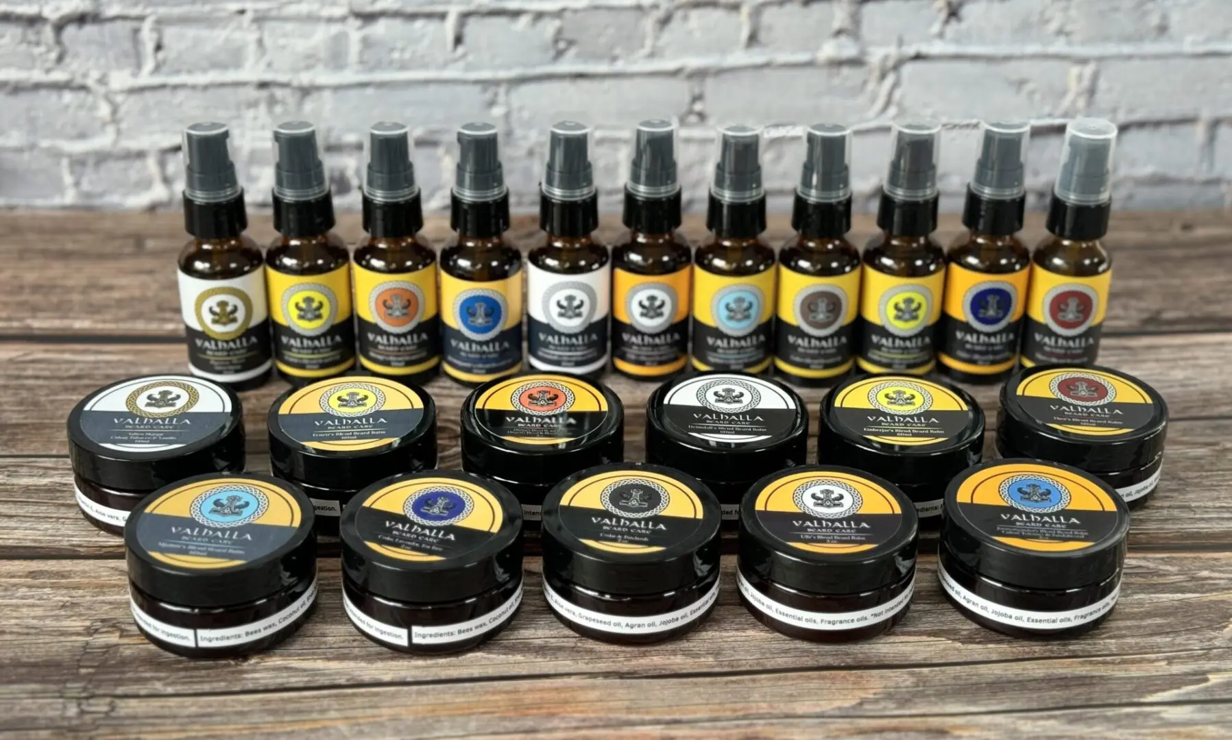 A table with many different types of beard oils and wax.