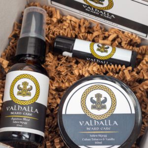 A box of valhalla beard care products