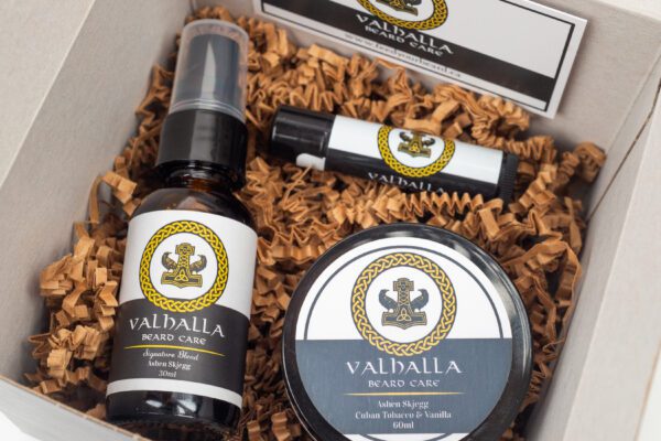 A box of valhalla beard care products